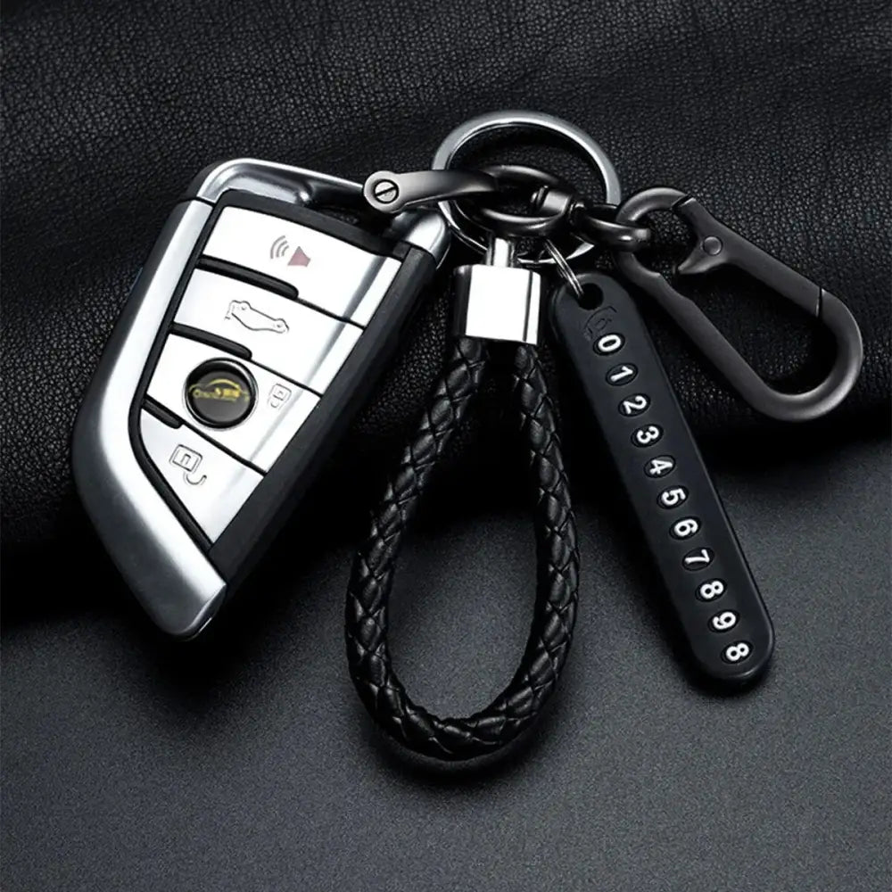 Ingemark Trendy DIY Mobile Phone Number Plate Pendant Keychain Men Punk Woven Leather Rope Anti-lost Car Key Chain