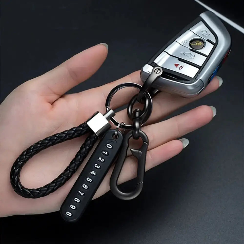 Ingemark Trendy DIY Mobile Phone Number Plate Pendant Keychain Men Punk Woven Leather Rope Anti-lost Car Key Chain