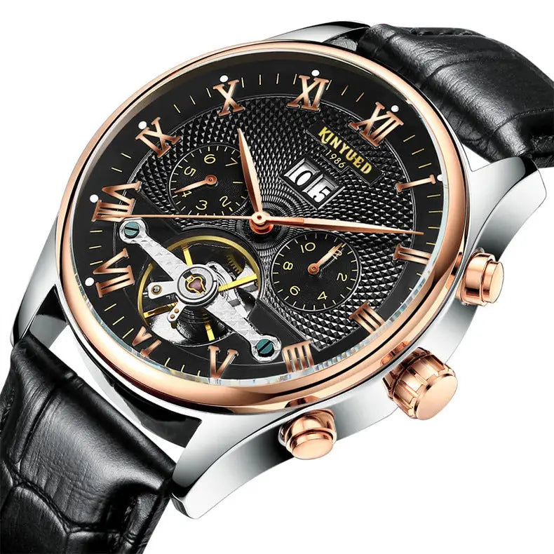 KINYUED men’s multifunctional automatic mechanical watch with black dial, gold roman numerals, exposed gears, and rose gold bezel