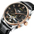 KINYUED men’s multifunctional automatic mechanical watch with black dial, gold roman numerals, exposed gears, and rose gold bezel