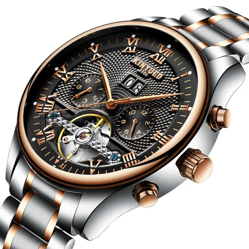 Kinyued men’s multifunctional automatic mechanical watch with two-tone stainless steel gold case black dial roman numerals