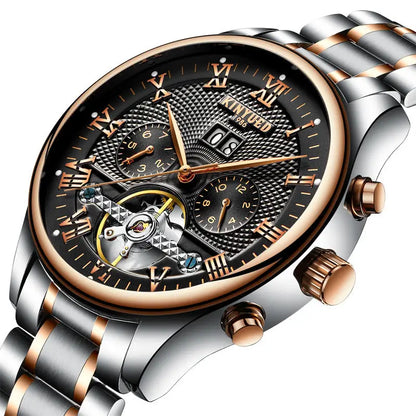 Kinyued men’s multifunctional automatic mechanical watch with two-tone stainless steel gold case black dial roman numerals