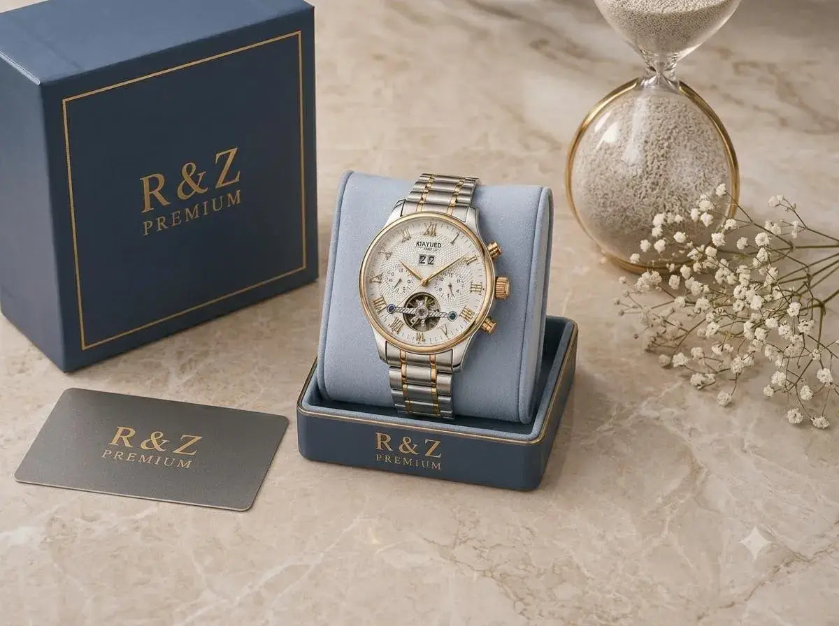 Kinyued men’s multifunctional automatic mechanical watch with r&z two-tone stainless steel and white dial gold accents