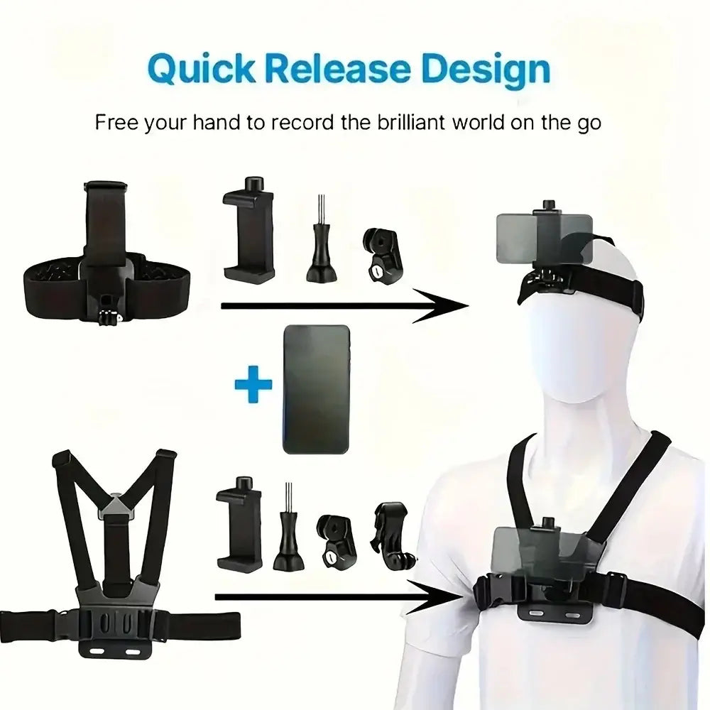 R&z - Kit Head Strap Chest Strap Mount Adjustable Holder for GoPro Phone DJI Osmo SJCAM AKASO insta360