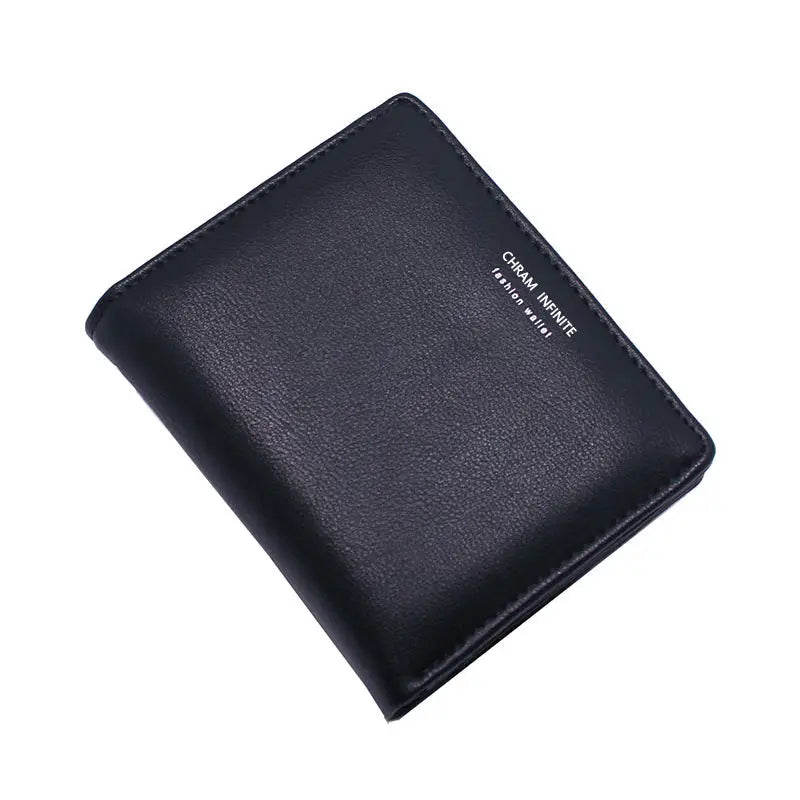 Black leather korean letters slim bifold wallet with subtle stitching and minimalist white logo on upper right corner