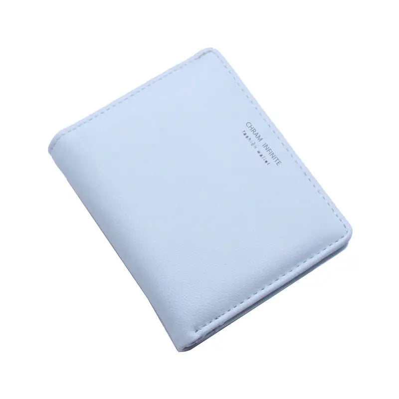 Light blue faux leather korean letters slim lightweight wallet with subtle stitching and charm infinite branding