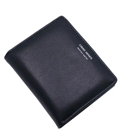 Black leather korean letters slim wallet with subtle stitching and minimalist design featuring chicai infinite text