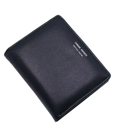 Black leather korean letters slim wallet with subtle stitching and minimalist design featuring chicai infinite text