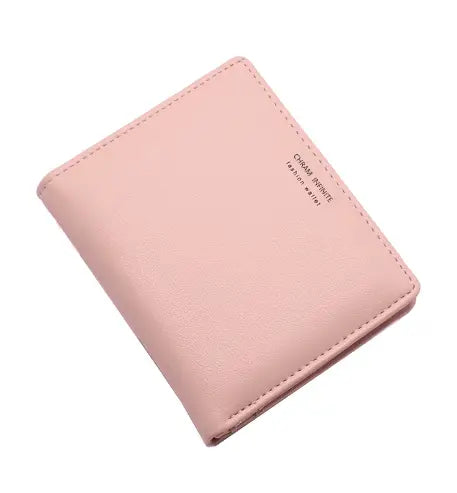 A soft pink korean letters slim lightweight wallet with subtle stitching and a small embossed brand name