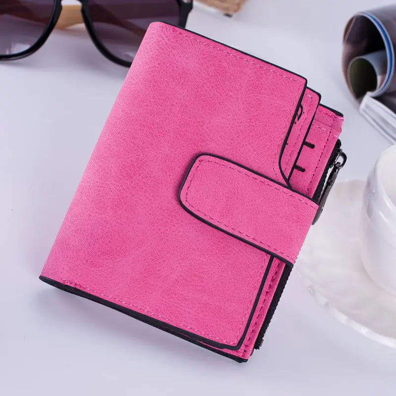 Korean Matte Leather Zipper Wallet and Coin Purse - Rose red - Wallets