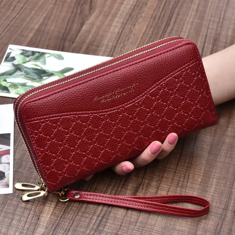 Large Double Zipper Clutch Wallet for Women - Wine Red - Wallets