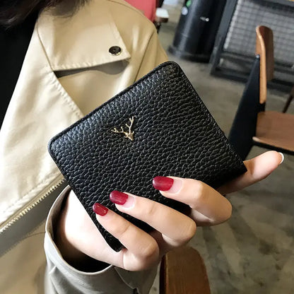 Leather Mini Coin Purse - Women’s Short Folding Wallet - Black - Wallets