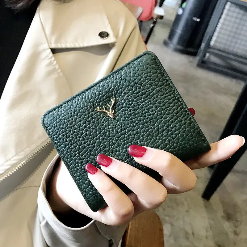 Leather Mini Coin Purse - Women’s Short Folding Wallet - Green - Wallets