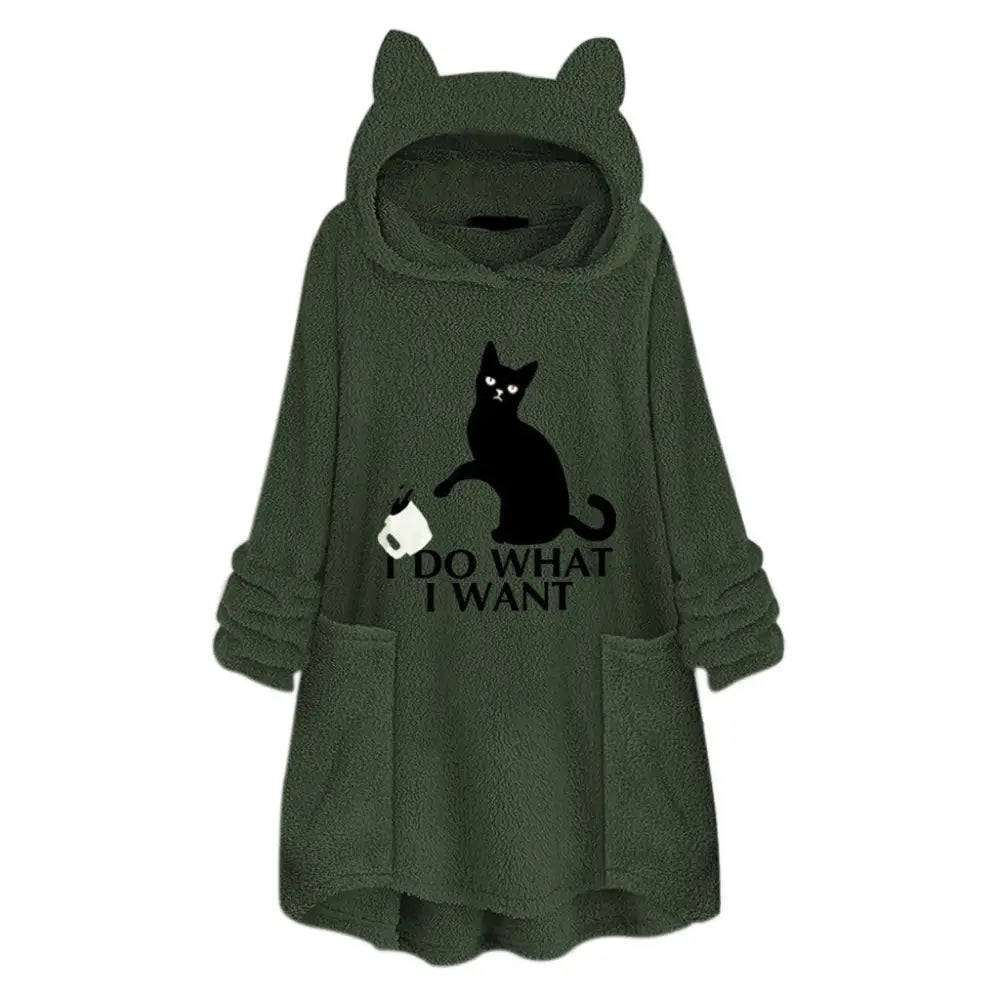 Long Sleeve Cat Print Hoodie with Irregular Hem - Army Green / 3XL