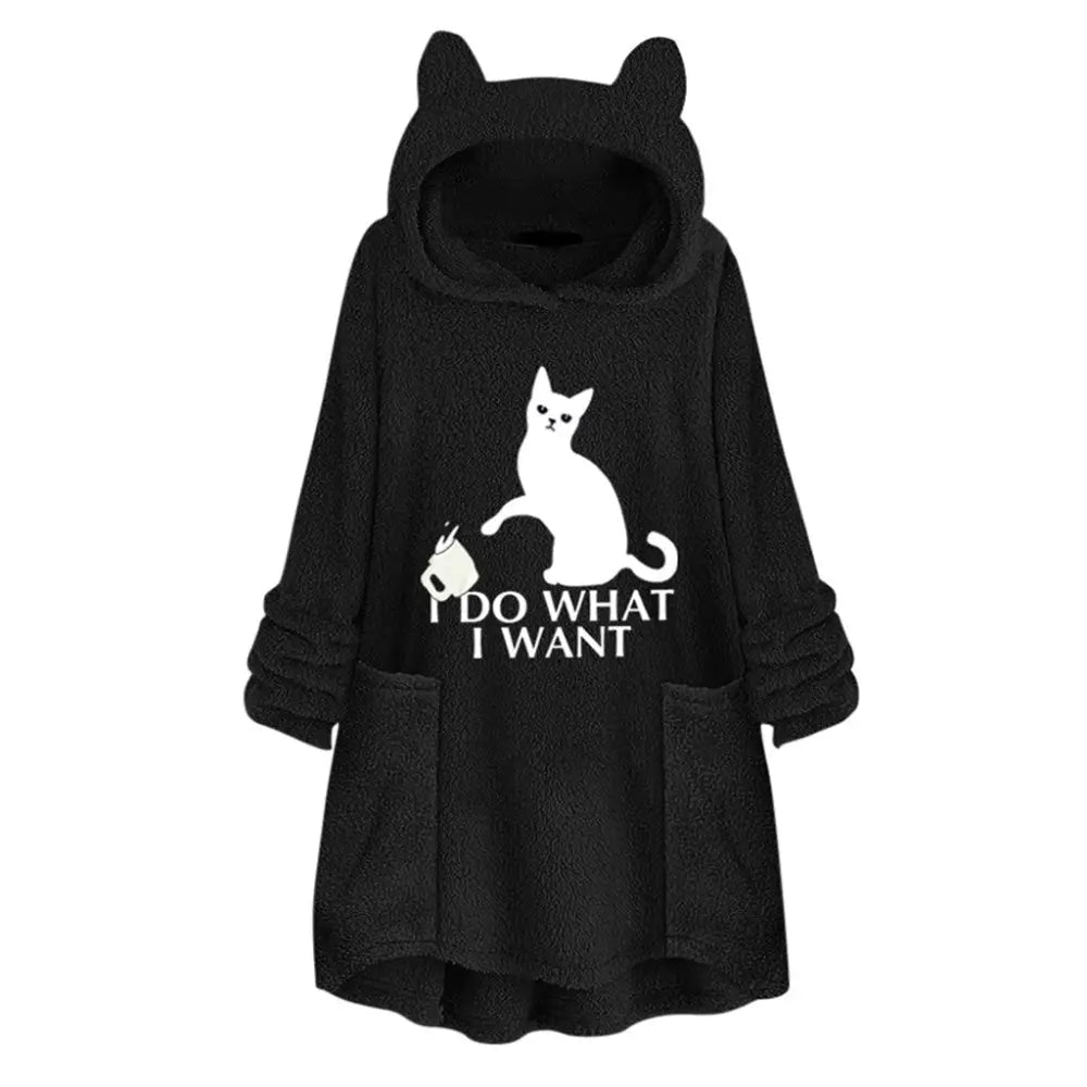 Long Sleeve Cat Print Hoodie with Irregular Hem - Black / 3XL