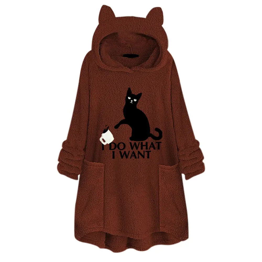 Long Sleeve Cat Print Hoodie with Irregular Hem - Brown / 5XL