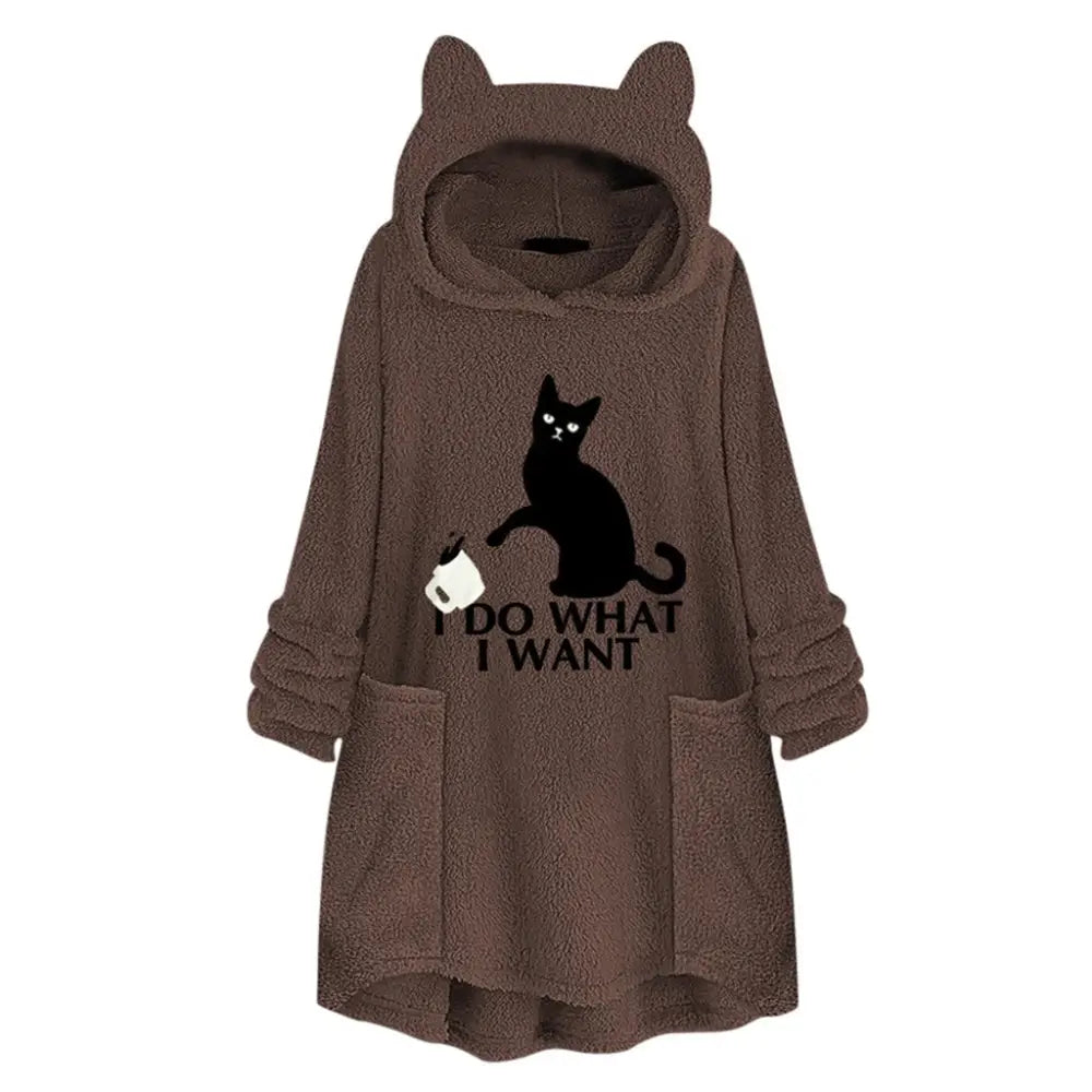Long Sleeve Cat Print Hoodie with Irregular Hem - Coffee / 3XL