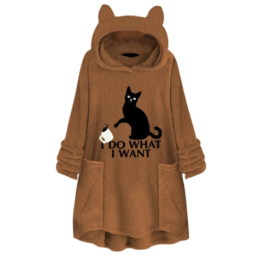Long Sleeve Cat Print Hoodie with Irregular Hem - Earth yellow / 5XL