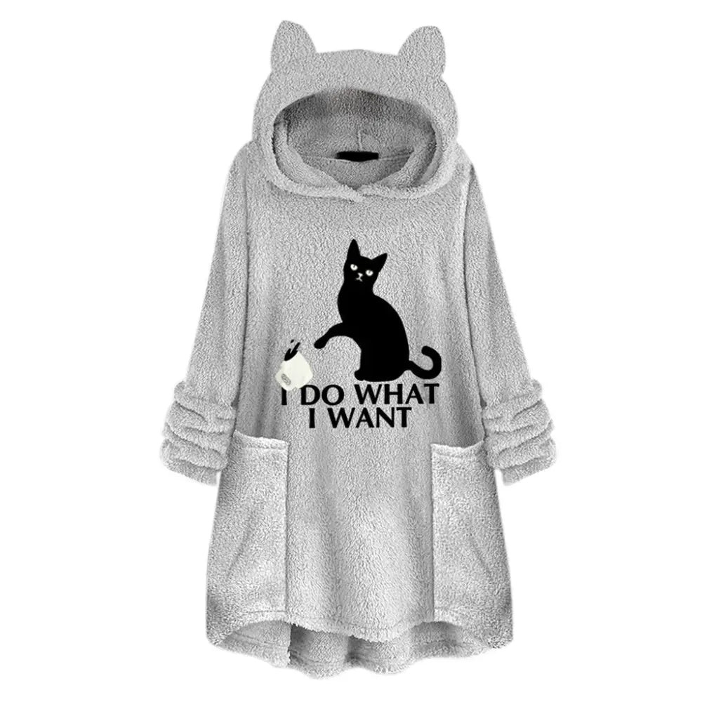 Long Sleeve Cat Print Hoodie with Irregular Hem - Grey / XXL