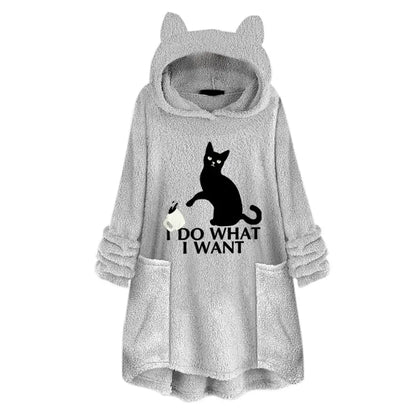 Long Sleeve Cat Print Hoodie with Irregular Hem - Grey / XXL