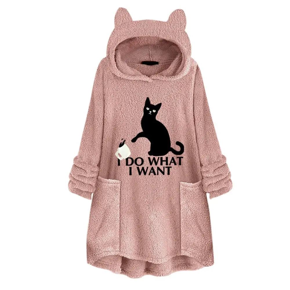 Long Sleeve Cat Print Hoodie with Irregular Hem - Pink / 5XL