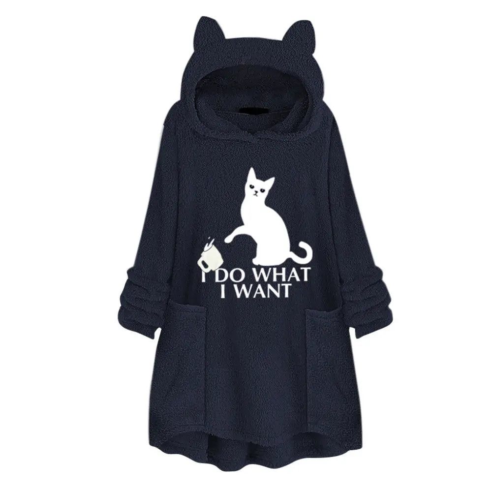 Long Sleeve Cat Print Hoodie with Irregular Hem - Sapphire / L