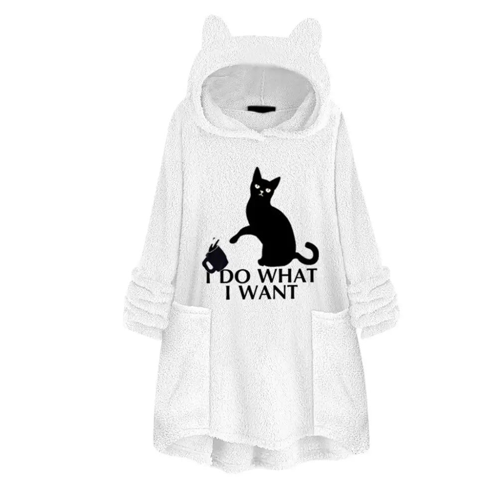 Long Sleeve Cat Print Hoodie with Irregular Hem - White / XXL