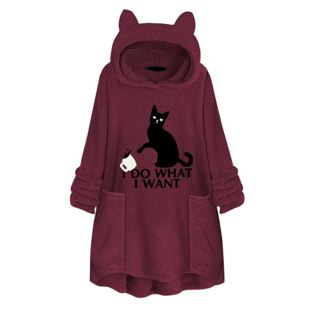 Long Sleeve Cat Print Hoodie with Irregular Hem - Wine red / 4XL