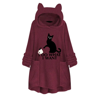 Long Sleeve Cat Print Hoodie with Irregular Hem - Wine red / L