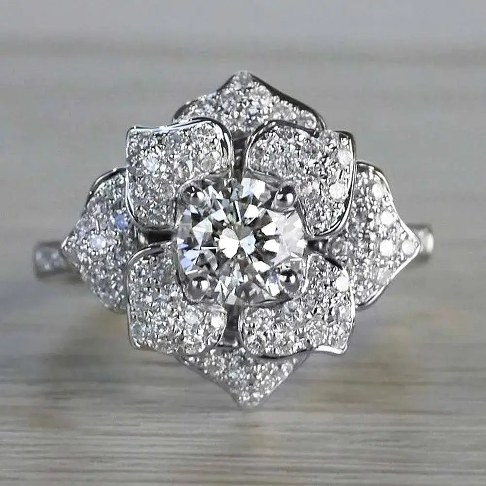 Luxury Romantic Full Inlay High Quality 5A Zircon Large-flowered Camellia Flower Rings for Women Stainless Steel Finger