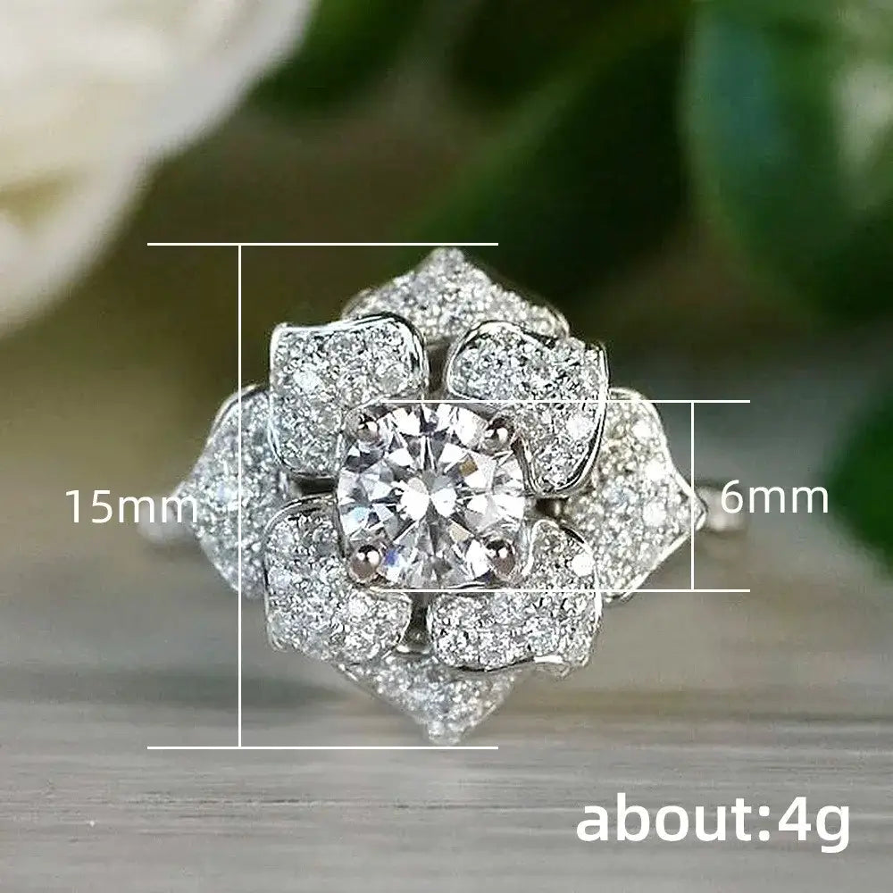 Luxury Romantic Full Inlay High Quality 5A Zircon Large-flowered Camellia Flower Rings for Women Stainless Steel Finger
