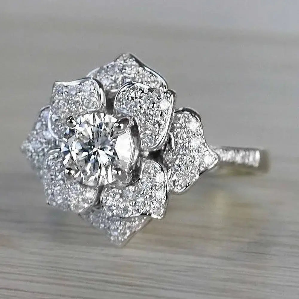 Luxury Romantic Full Inlay High Quality 5A Zircon Large-flowered Camellia Flower Rings for Women Stainless Steel Finger