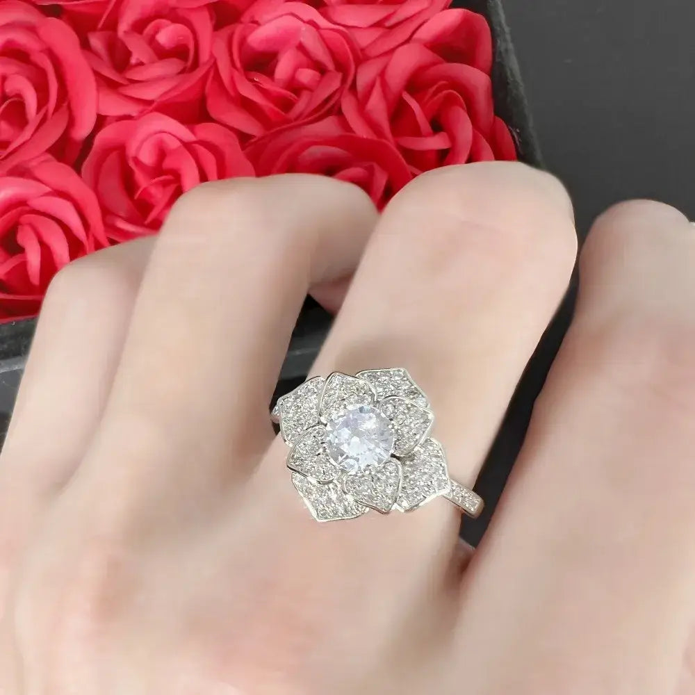Luxury Romantic Full Inlay High Quality 5A Zircon Large-flowered Camellia Flower Rings for Women Stainless Steel Finger