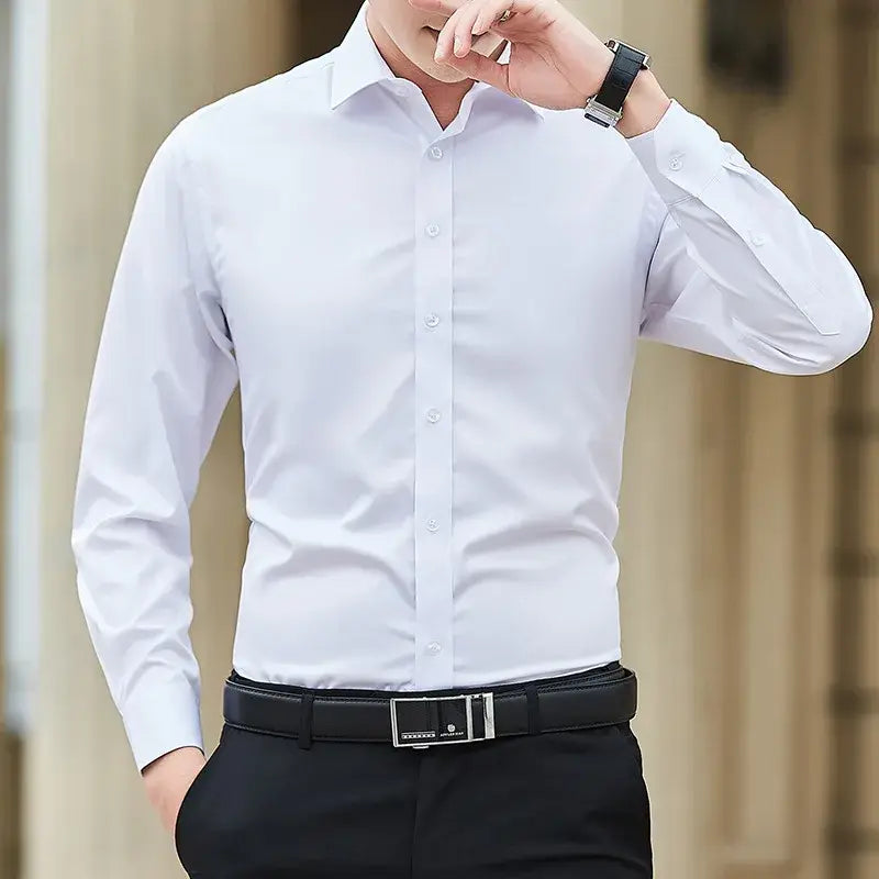 R&z - New Plus Size Men Solid Color Business Shirt Fashion Classic Basic Casual Slim White Long Sleeve Shirt Brand