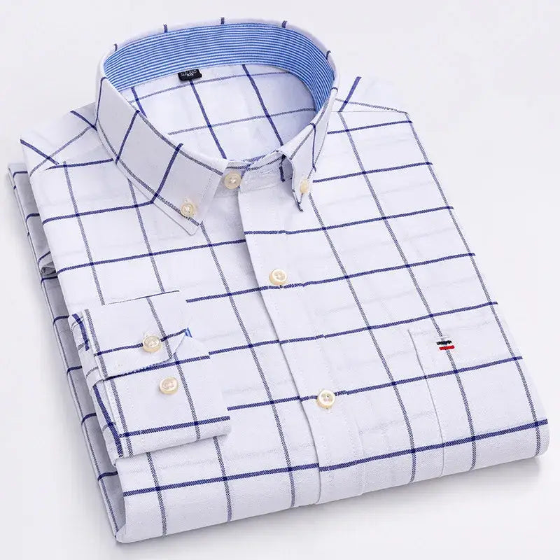 R&z - Men’s 100% Cotton Shirt Long Sleeve Plaid Oxford Casual Solid Color Print Regular Fit Formal Dress Shirt