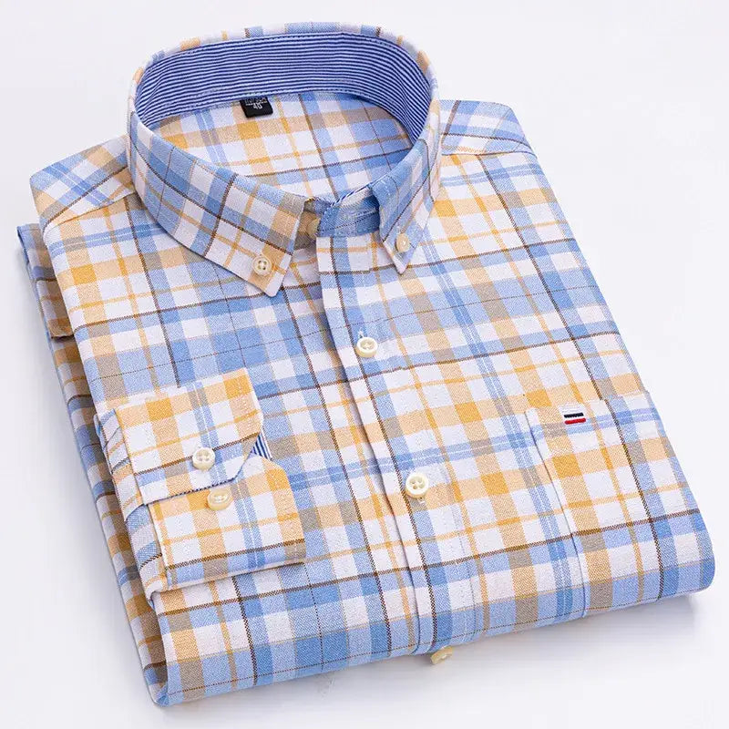 R&z - Men’s 100% Cotton Shirt Long Sleeve Plaid Oxford Casual Solid Color Print Regular Fit Formal Dress Shirt