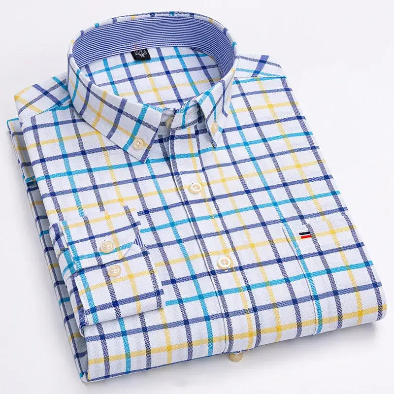 R&z - Men’s 100% Cotton Shirt Long Sleeve Plaid Oxford Casual Solid Color Print Regular Fit Formal Dress Shirt