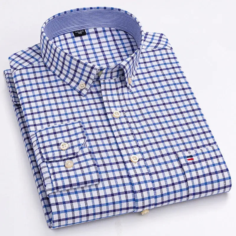 R&z - Men’s 100% Cotton Shirt Long Sleeve Plaid Oxford Casual Solid Color Print Regular Fit Formal Dress Shirt