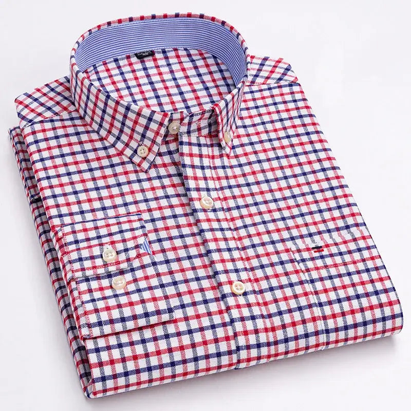 R&z - Men’s 100% Cotton Shirt Long Sleeve Plaid Oxford Casual Solid Color Print Regular Fit Formal Dress Shirt