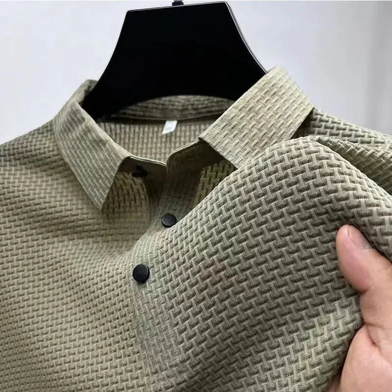 R&z - Men’s Business Casual Short Sleeved Bone Flower Solid Color POLO - Khaki / M - Dress Shirt