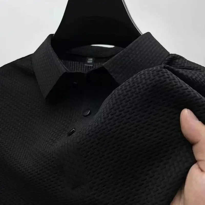 R&z - Men’s Business Casual Short Sleeved Bone Flower Solid Color POLO - black / L - Dress Shirt