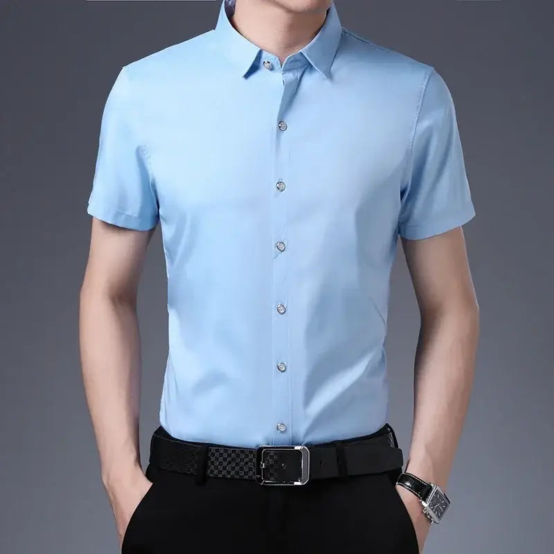 R&z - Men’s Business Casual Solid Color Short Sleeved Shirt Non Ironing Comfortable Top - Dress Shirt