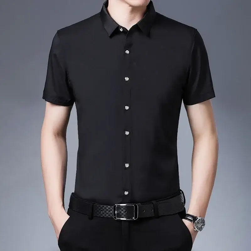 R&z - Men’s Business Casual Solid Color Short Sleeved Shirt Non Ironing Comfortable Top - Dress Shirt