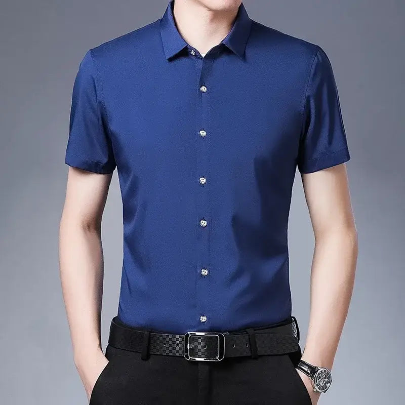 R&z - Men’s Business Casual Solid Color Short Sleeved Shirt Non Ironing Comfortable Top - Dress Shirt