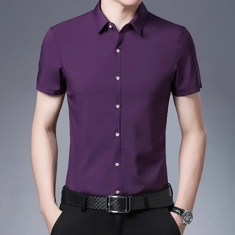 R&z - Men’s Business Casual Solid Color Short Sleeved Shirt Non Ironing Comfortable Top - PURPLE / XXL - Dress Shirt