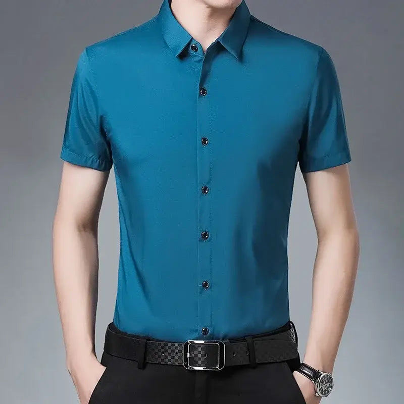 R&z - Men’s Business Casual Solid Color Short Sleeved Shirt Non Ironing Comfortable Top - Dress Shirt