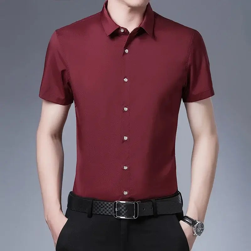 R&z - Men’s Business Casual Solid Color Short Sleeved Shirt Non Ironing Comfortable Top - Red / S - Dress Shirt