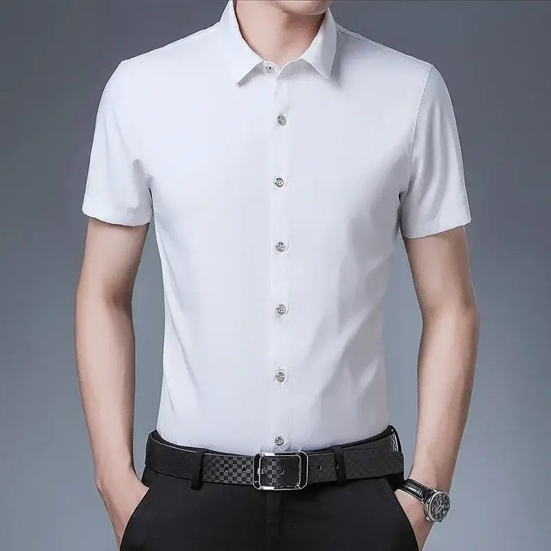 R&z - Men’s Business Casual Solid Color Short Sleeved Shirt Non Ironing Comfortable Top - Dress Shirt