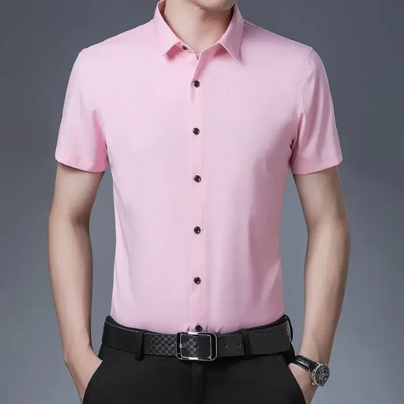 R&z - Men’s Business Casual Solid Color Short Sleeved Shirt Non Ironing Comfortable Top - Dress Shirt