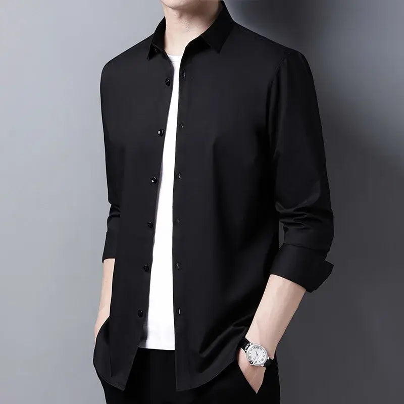 R&z - Men’s Casual Fashion Business Solid Color Long Sleeved Shirt - black / M - Dress Shirt